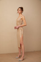 Lavinia Kare Desenli Metal Düğmeli Midi Elbise