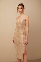 Lavinia Kare Desenli Metal Düğmeli Midi Elbise