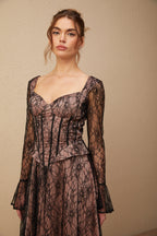 Jennifer Siyah Dantel Detaylı Fırfırlı Midi Elbise