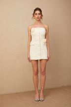 Eduardo Çiçek Desenli Tweed Düşük Omuz Mini Elbise