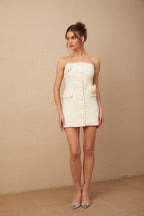 Eduardo Çiçek Desenli Tweed Düşük Omuz Mini Elbise