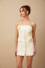 Eduardo Çiçek Desenli Tweed Düşük Omuz Mini Elbise