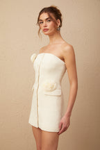 Eduardo Çiçek Desenli Tweed Düşük Omuz Mini Elbise