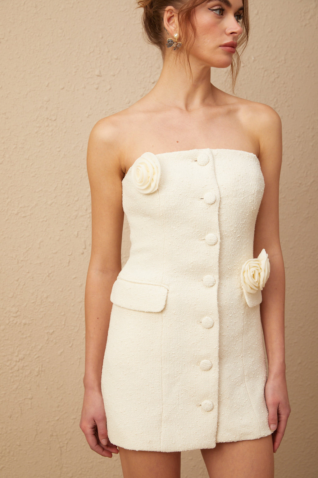 Eduardo Çiçek Desenli Tweed Düşük Omuz Mini Elbise