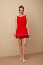 Charlène Kırmızı Fırfırlı Kolsuz Mini Elbise