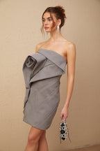 Gaia Gri Çiçek Aplikeli Pileli Mini Elbise