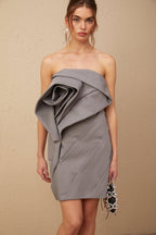 Gaia Gri Çiçek Aplikeli Pileli Mini Elbise