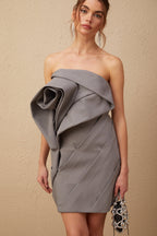 Gaia Gri Çiçek Aplikeli Pileli Mini Elbise