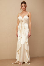 Filomena Çiçek Aplikeli Korseli Saten Maxi Elbise