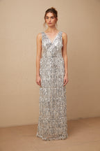 Denise Gümüş Kolsuz Püsküllü Payetli Maxi Elbise