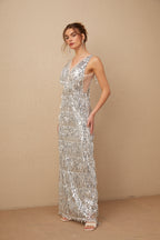 Denise Gümüş Kolsuz Püsküllü Payetli Maxi Elbise