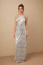 Denise Gümüş Kolsuz Püsküllü Payetli Maxi Elbise