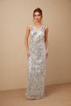 Denise Gümüş Kolsuz Püsküllü Payetli Maxi Elbise