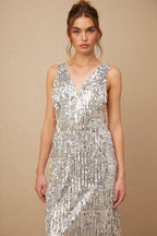 Denise Gümüş Kolsuz Püsküllü Payetli Maxi Elbise