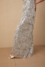 Denise Gümüş Kolsuz Püsküllü Payetli Maxi Elbise