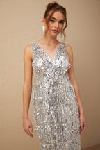 Denise Gümüş Kolsuz Püsküllü Payetli Maxi Elbise
