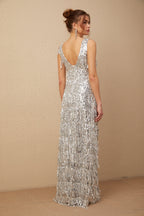 Denise Gümüş Kolsuz Püsküllü Payetli Maxi Elbise