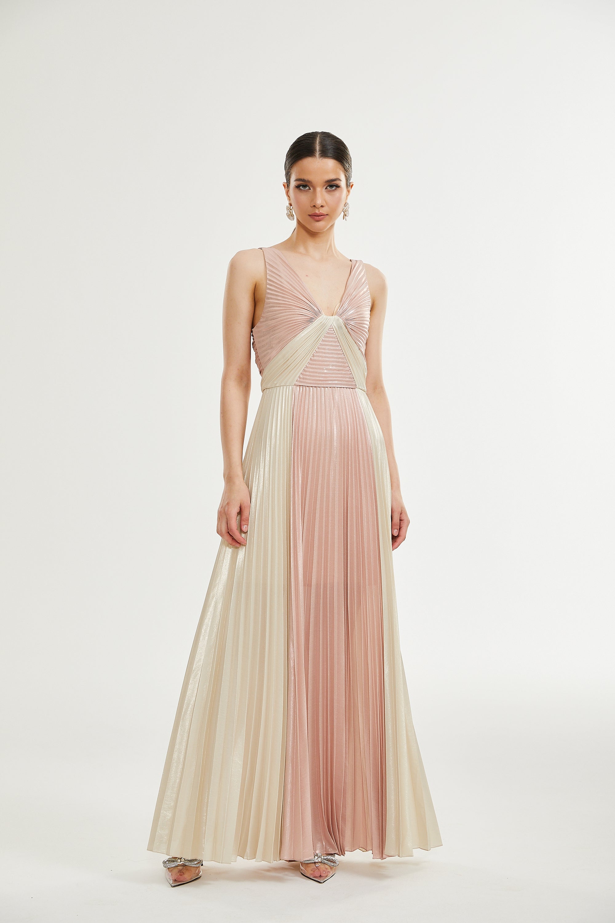 Shiema parlak pileli maksi elbise