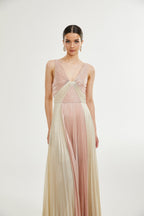 Shiema parlak pileli maksi elbise