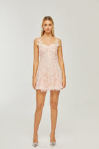 Safran dantel mini elbise