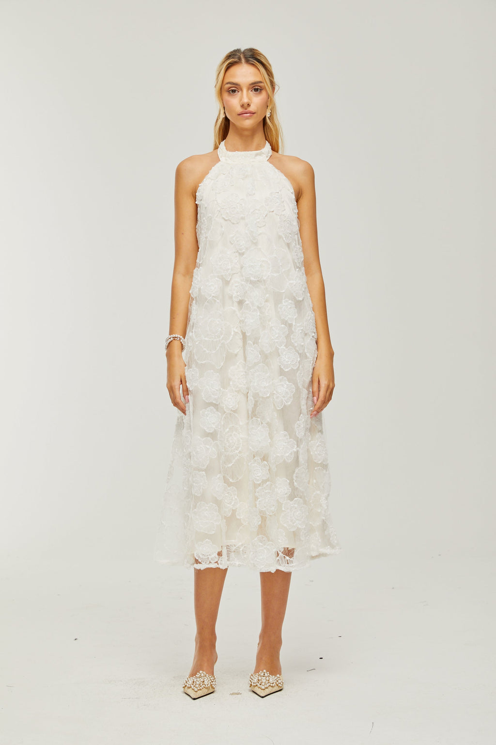 Céleste dantel midi elbise