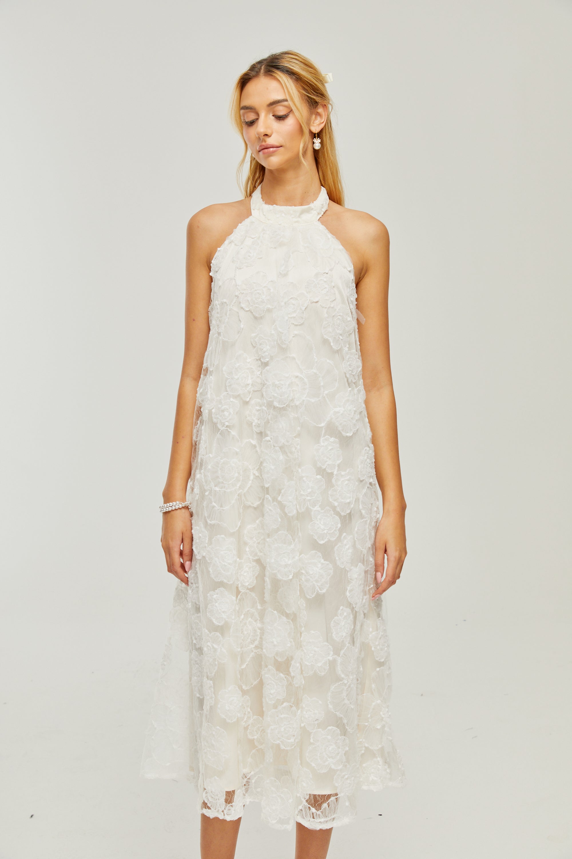 Céleste dantel midi elbise