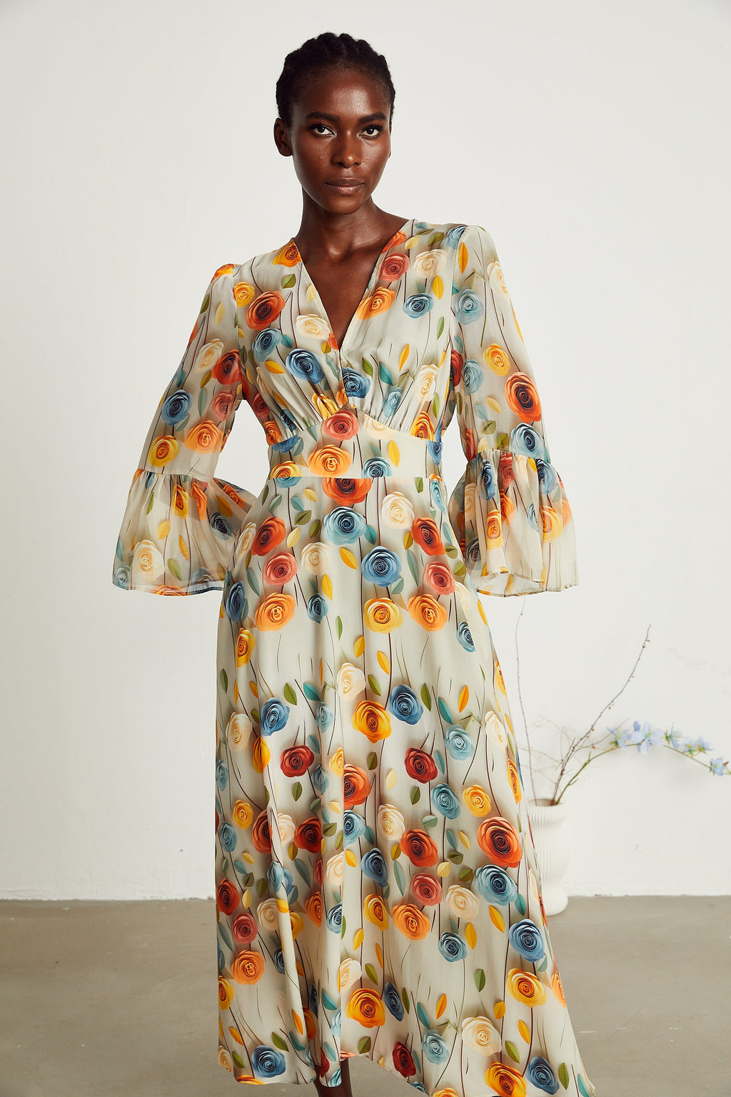 Gabriela çiçek midi elbise