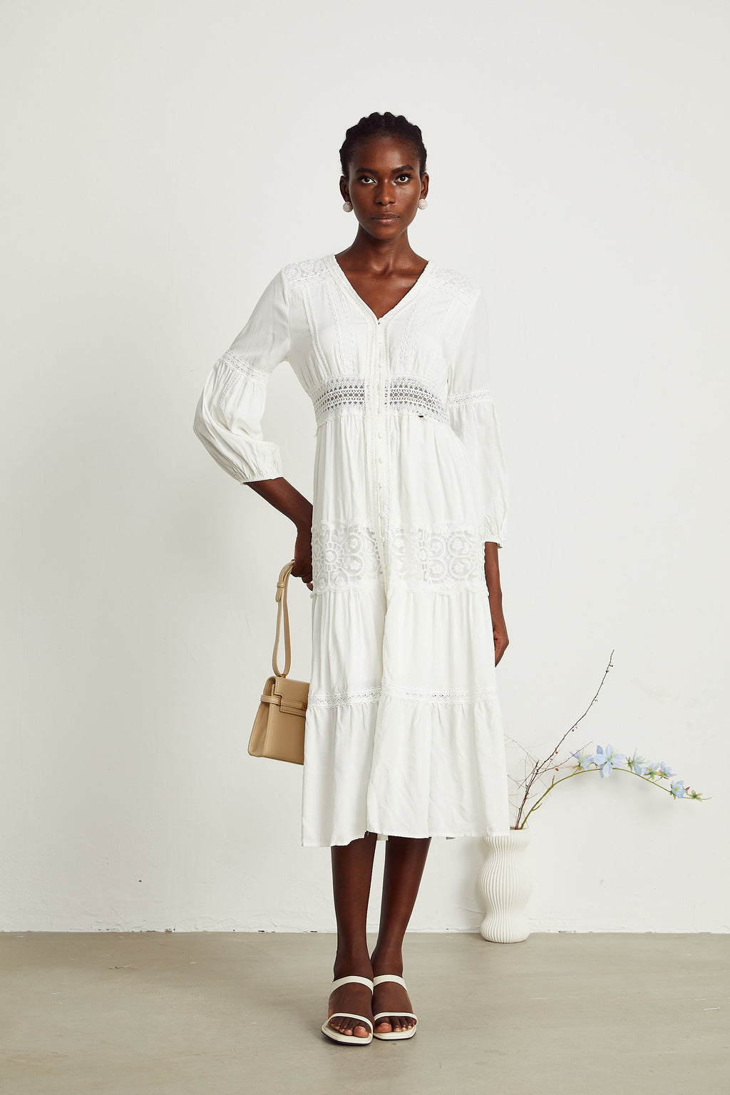 Geneviève dantel midi elbise