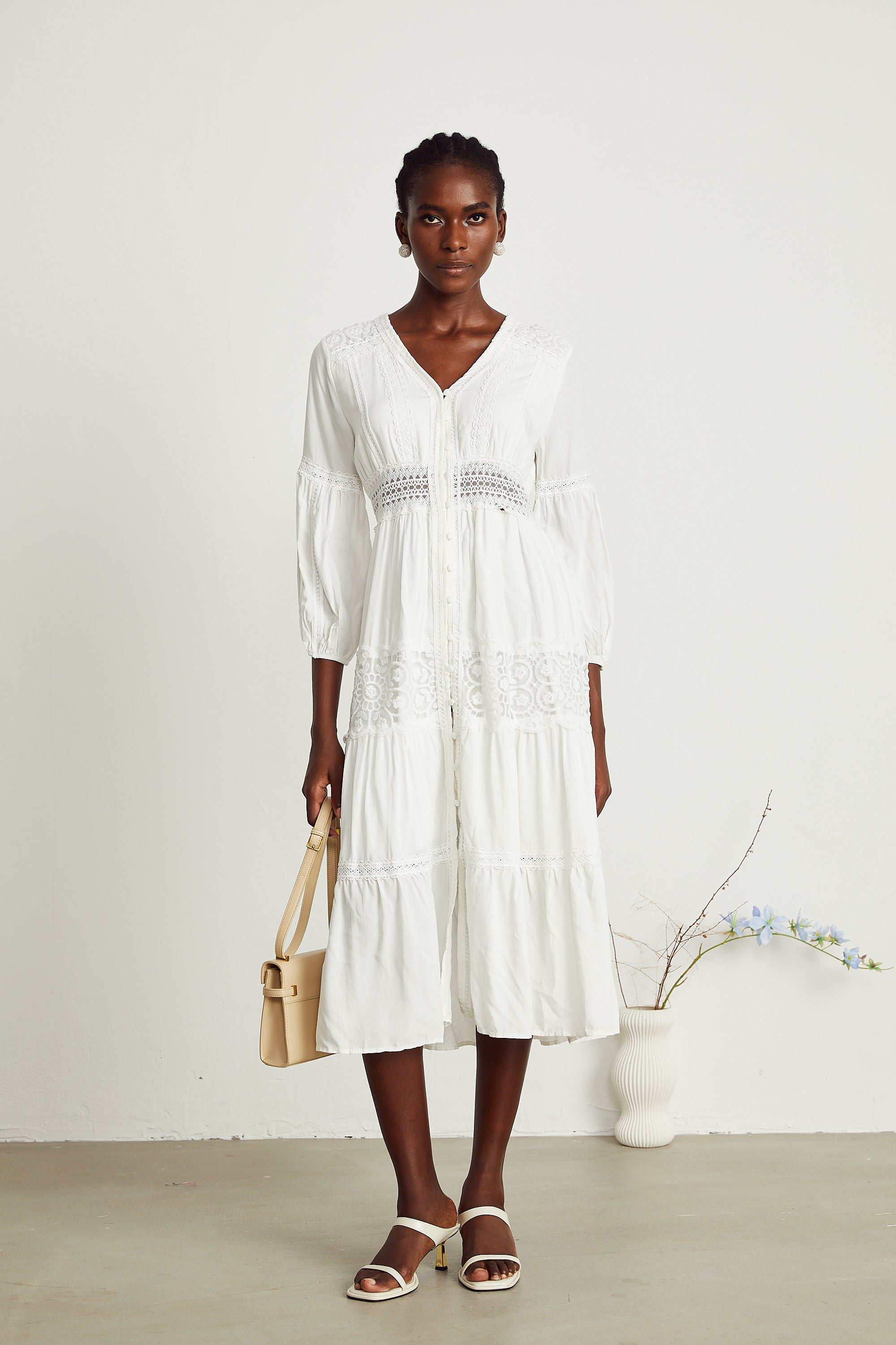 Geneviève dantel midi elbise