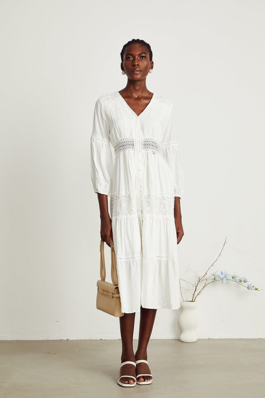 Geneviève dantel midi elbise