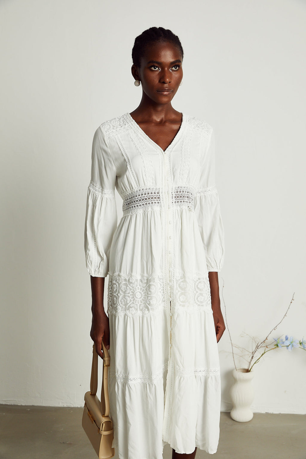 Geneviève dantel midi elbise