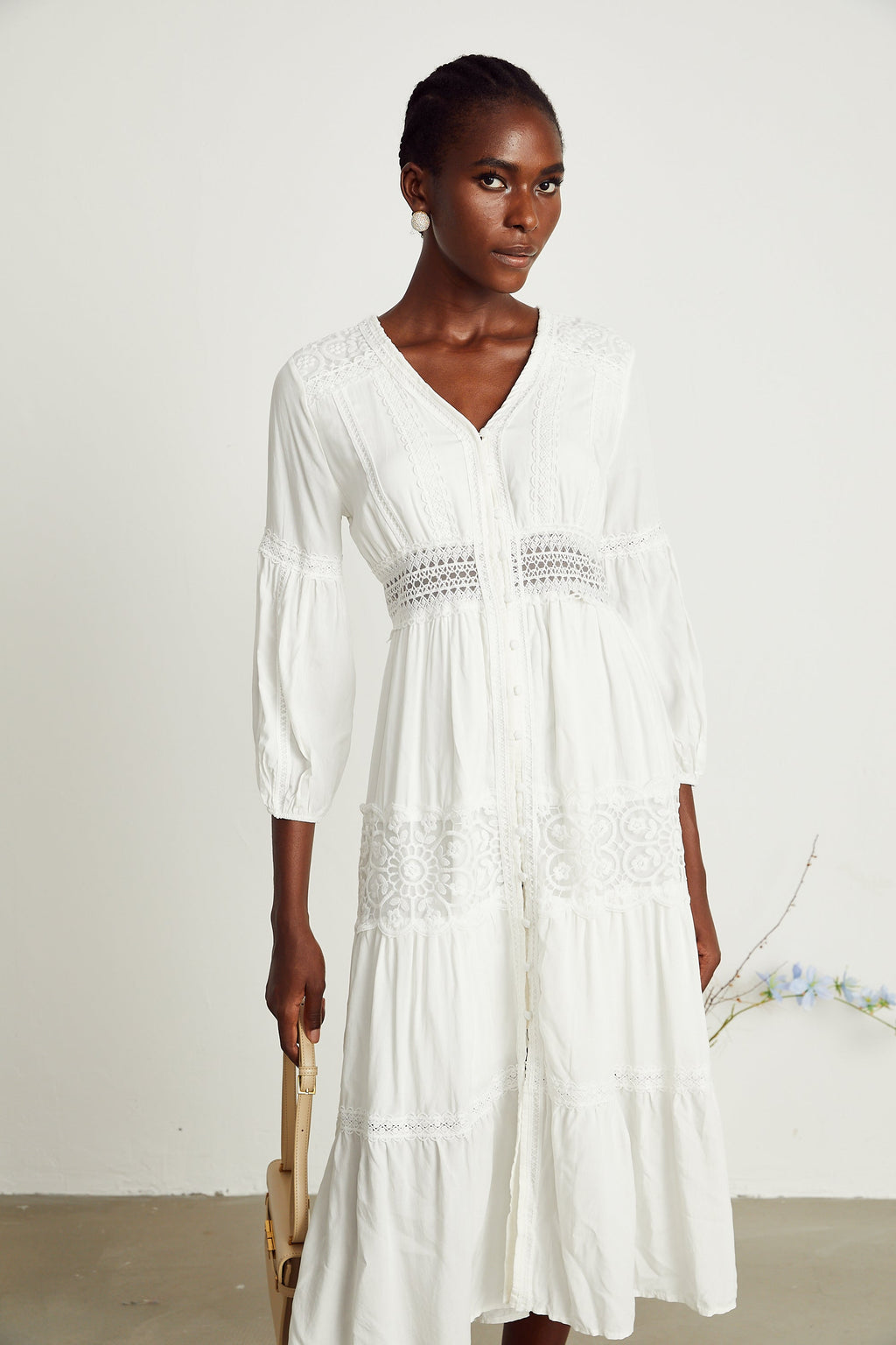 Geneviève dantel midi elbise