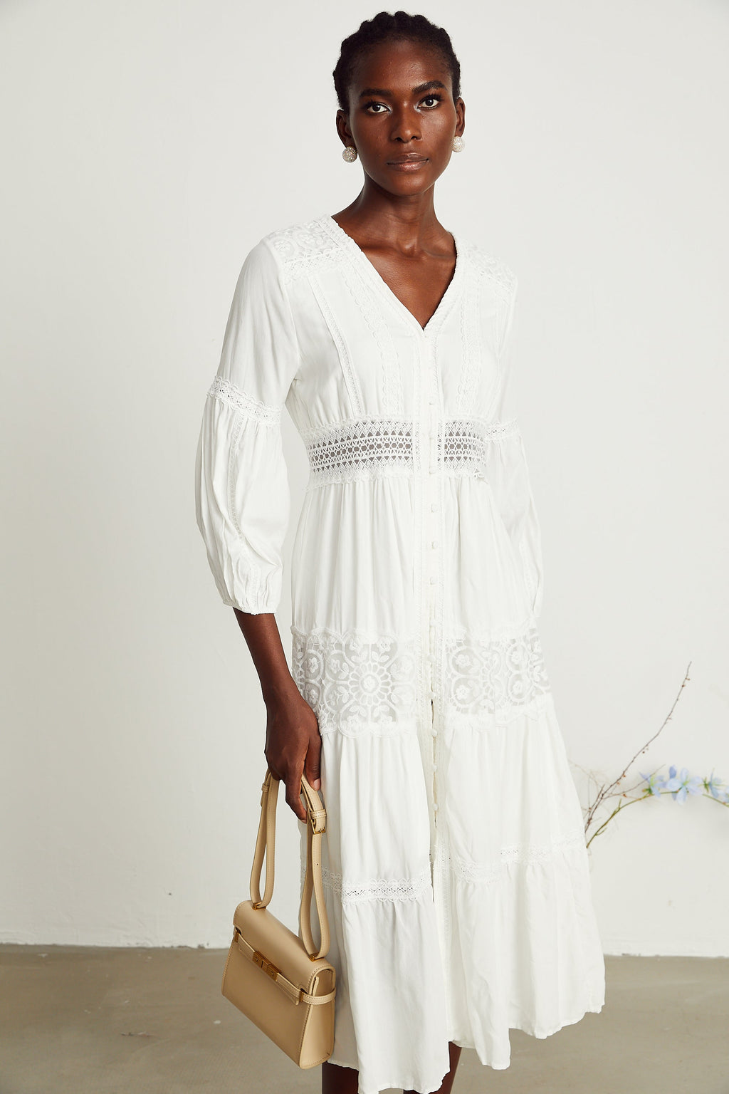 Geneviève dantel midi elbise