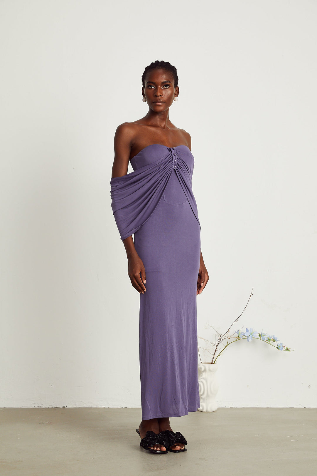 Delphine mor midi elbise