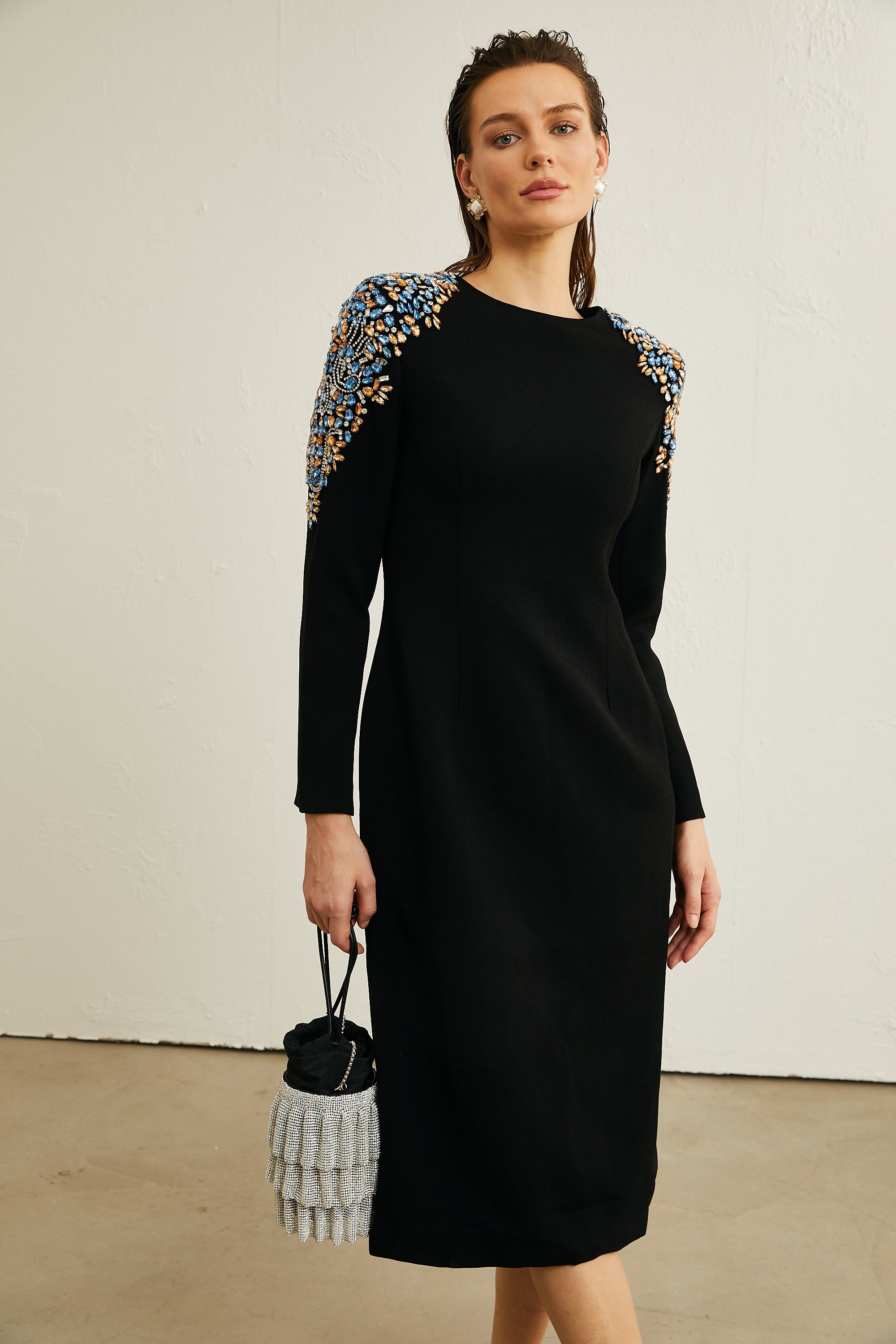 Maëlys kristal midi elbise