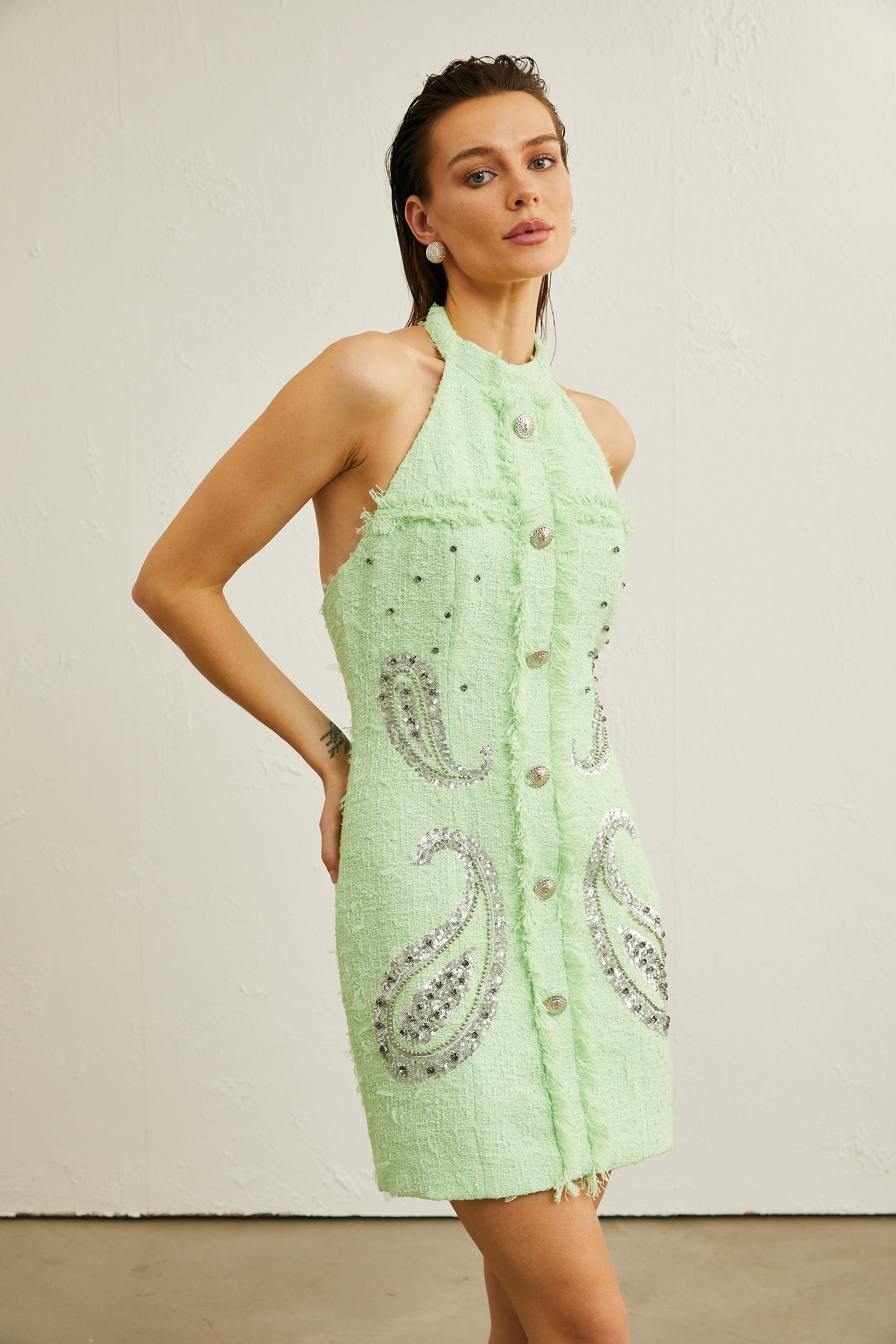 Hélène bağlamalı mini elbise