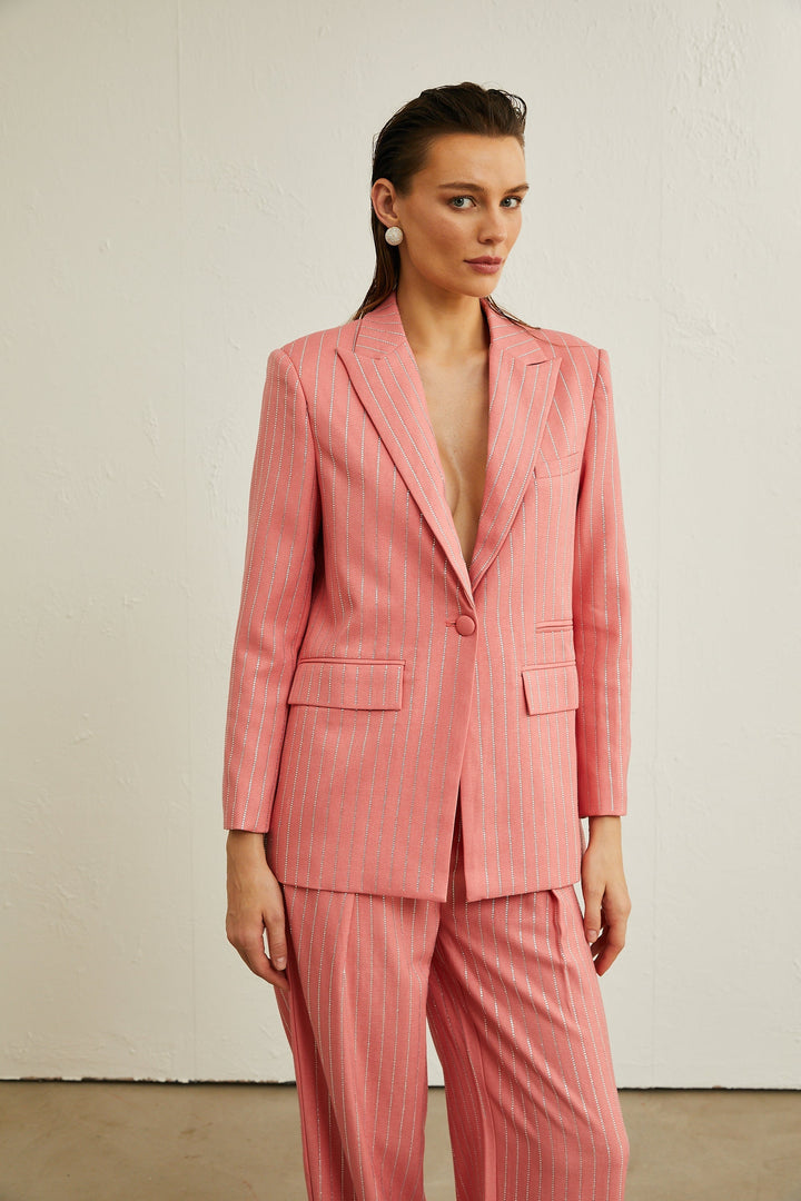 Çizgili İşlemeli Ceket Ve Pantolon Uyumlu Takım