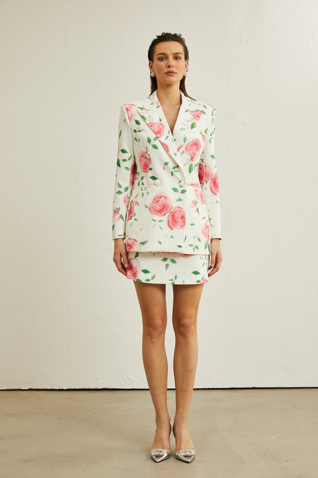 Gül Desenli Ceket Ve Etek Kombin Takım