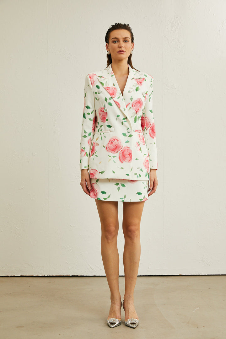 Gül Desenli Ceket Ve Etek Kombin Takım