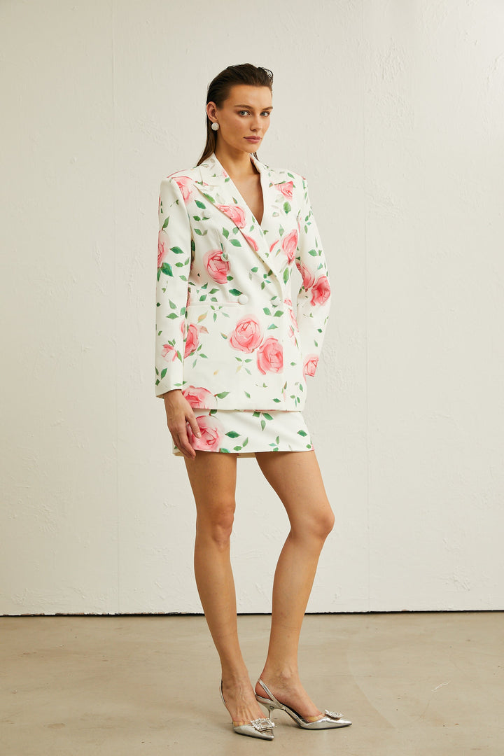 Gül Desenli Ceket Ve Etek Kombin Takım