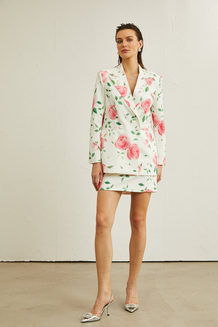 Gül Desenli Ceket Ve Etek Kombin Takım