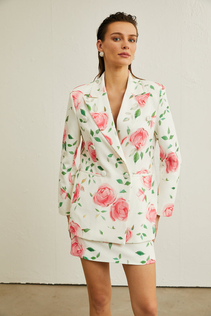 Gül Desenli Ceket Ve Etek Kombin Takım