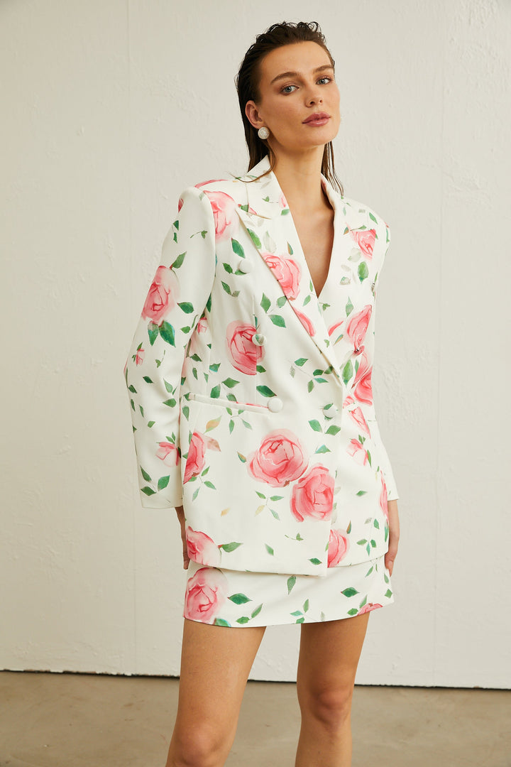 Gül Desenli Ceket Ve Etek Kombin Takım