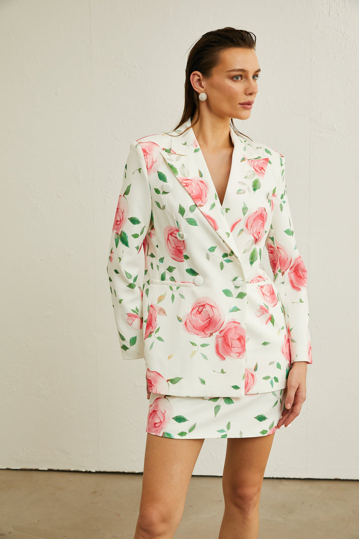 Gül Desenli Ceket Ve Etek Kombin Takım