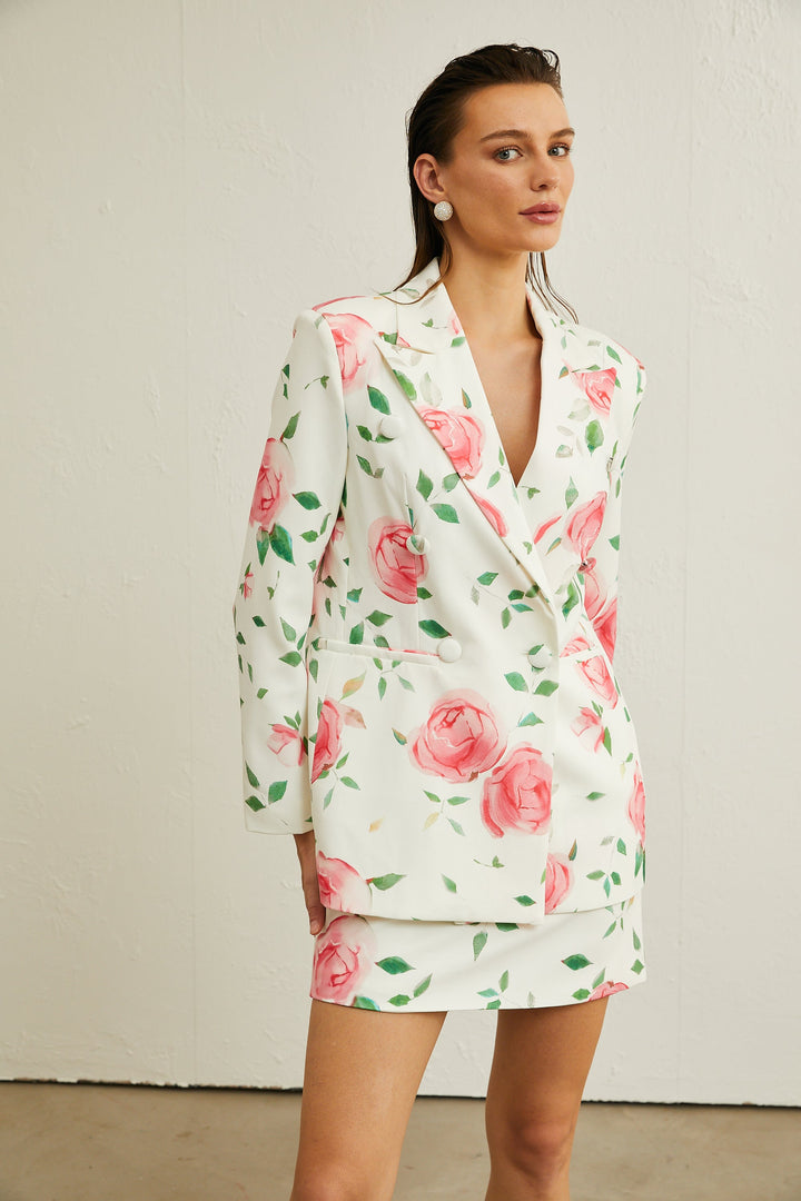Gül Desenli Ceket Ve Etek Kombin Takım