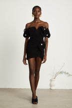 Nervürlü Çiçek Aplikeli Mini Elbise