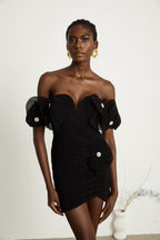 Nervürlü Çiçek Aplikeli Mini Elbise