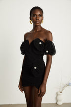 Nervürlü Çiçek Aplikeli Mini Elbise