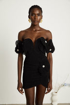 Nervürlü Çiçek Aplikeli Mini Elbise