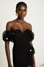 Nervürlü Çiçek Aplikeli Mini Elbise